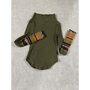 Free People Mixed-Up Cuff Pullover Cowl Neck Thermal Sweater In Green Size XS
